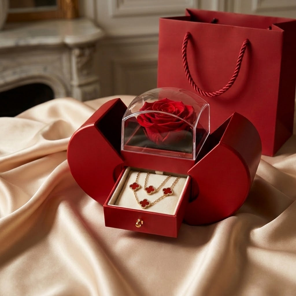 Rosa eterna con collar Trébol rojo en el cajón
