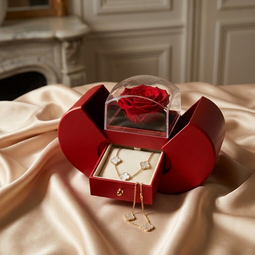 Rosa eterna con collar Trébol blanco nácar en el cajón