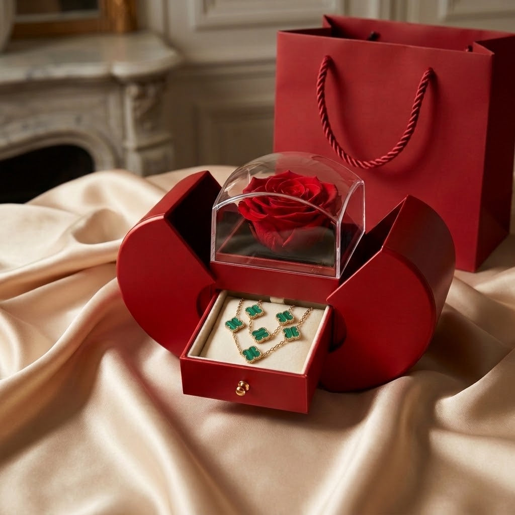 Rosa eterna con collar Trébol verde en el cajón