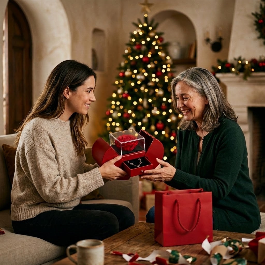 Hija regalando la rosa eterna con collar a su madre en Navidad