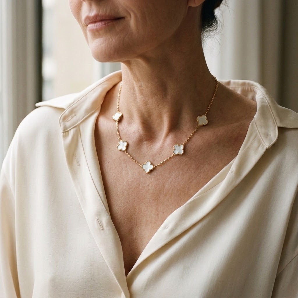 Collar Trébol blanco nácar puesto
